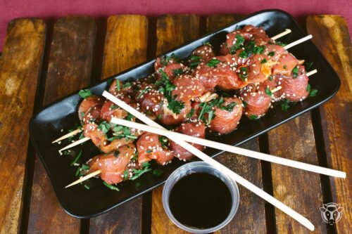 Broqueta de vedella teriyaki